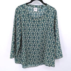 Cabi Blouse Women Large Green Floral Geometric Scoop Neck 3/4 Sleeve Office 3069